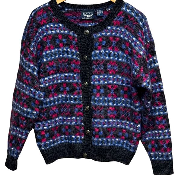 VTG Best American Clothing Co Mohair Blend Cardigan Fair Isle Sweater Large - Picture 1 of 9